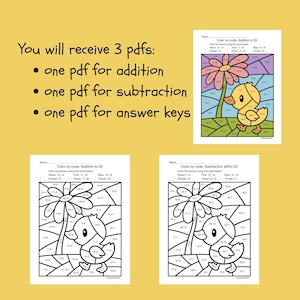 May include: Three printable PDFs for kids' math practice. Includes addition, subtraction, and answer keys. Each page features a color-by-code activity with a duck and flower design. The color key is at the top of each page.