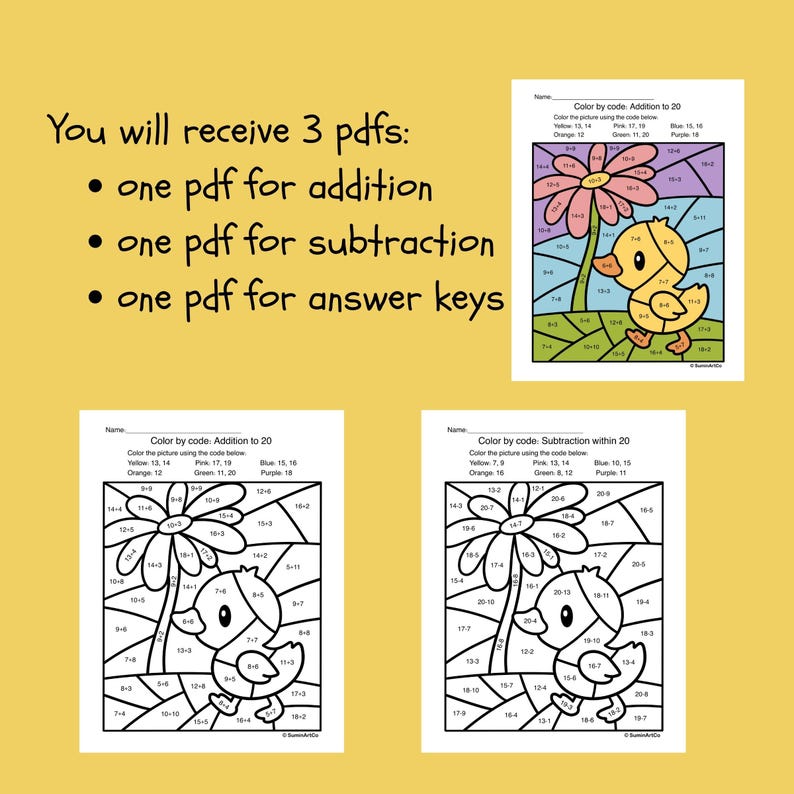 May include: Three printable PDFs for kids' math practice. Includes addition, subtraction, and answer keys. Each page features a color-by-code activity with a duck and flower design. The color key is at the top of each page.