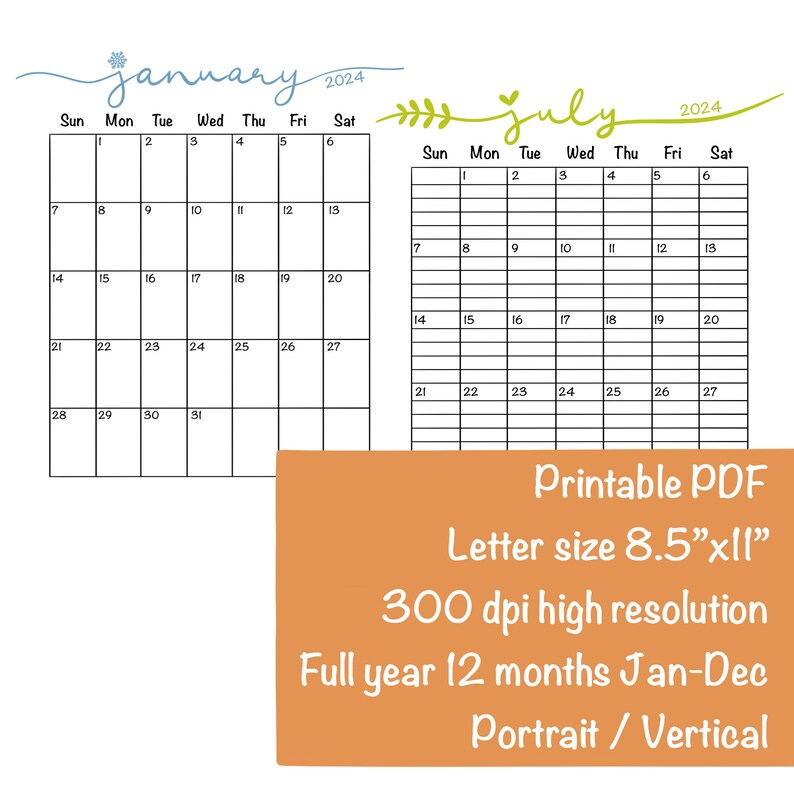 Calendar Planner Printable 2024 Bundle, Monthly Minimalist Calendar Pdf