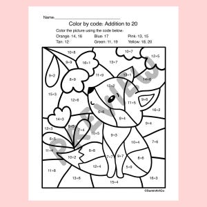 May include: A black and white color-by-code worksheet with a fox illustration. The worksheet includes addition problems up to 20 and a color key with orange, blue, pink, tan, green, and yellow. The text "Color by code: Addition to 20" is at the top.