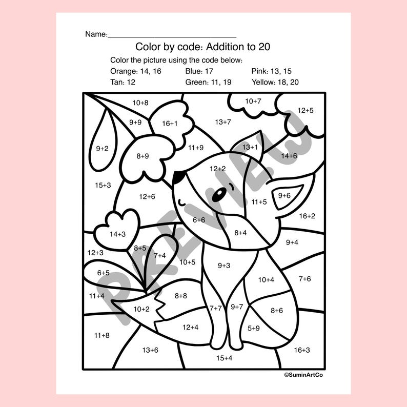 May include: A black and white color-by-code worksheet with a fox illustration. The worksheet includes addition problems up to 20 and a color key with orange, blue, pink, tan, green, and yellow. The text "Color by code: Addition to 20" is at the top.
