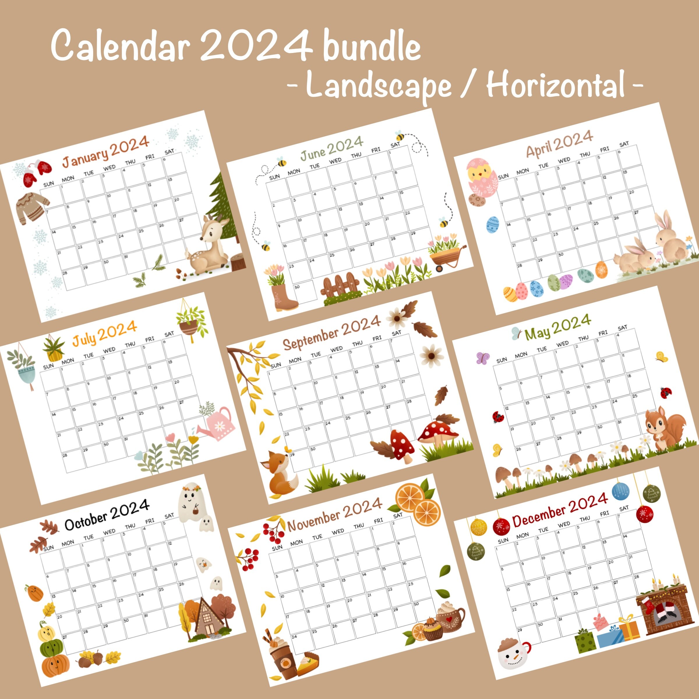 Printable Calendar 2024, Monthly Cute Animal Home School Kids Planner