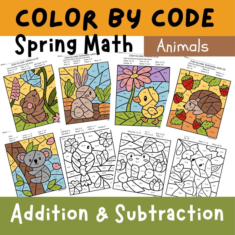 May include: Color by Code Spring Math Animals activity sheets. The sheets feature addition and subtraction problems with animal-themed images. The text on the sheets includes "Color by Code" and "Addition & Subtraction".