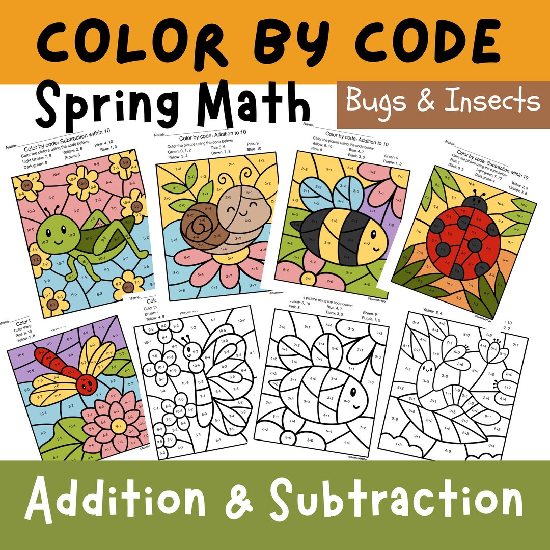 Color by Code Math, Addition & Subtraction Worksheets Practice, Spring ...