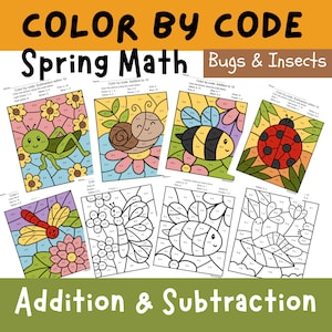 Color by code Math, Addition & Subtraction Worksheets Practice, Spring Coloring page, Kids Activity Homeschool Classroom