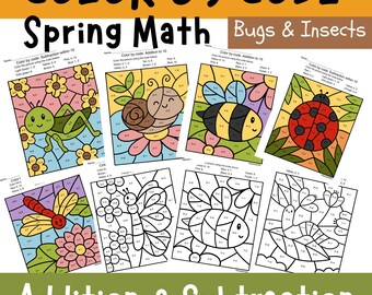 Color by code Math, Addition & Subtraction Worksheets Practice, Spring Coloring page, Kids Activity Homeschool Classroom