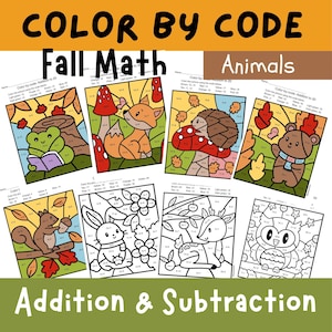 Color by code Math, Addition & Subtraction Worksheets Practice, Fall Autumn Animal Coloring page, Kids Activity Homeschool Classroom