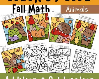 May include: A collection of eight Color by Code Fall Math Animals worksheets featuring addition and subtraction problems. The pages display illustrations of a frog, fox, hedgehog, bear, squirrel, rabbit, deer, and owl with math equations.