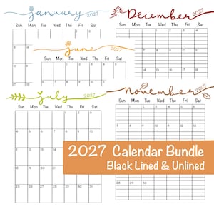 Könnte beinhalten: Ein 2027 Kalender-Set mit schwarzen liniert und unliniert Monatsrastern für Januar, Juni, Juli, November und Dezember. Jeder Monat ist in Schreibschrift mit saisonalen Symbolen wie einer Schneeflocke, einer Blume, Blättern und einem Baum dargestellt.