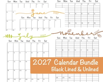 May include: A 2027 calendar bundle featuring black lined and unlined monthly grids for January, June, July, November, and December. Each month is written in a cursive script with seasonal icons, including a snowflake, flower, leaves, and tree.