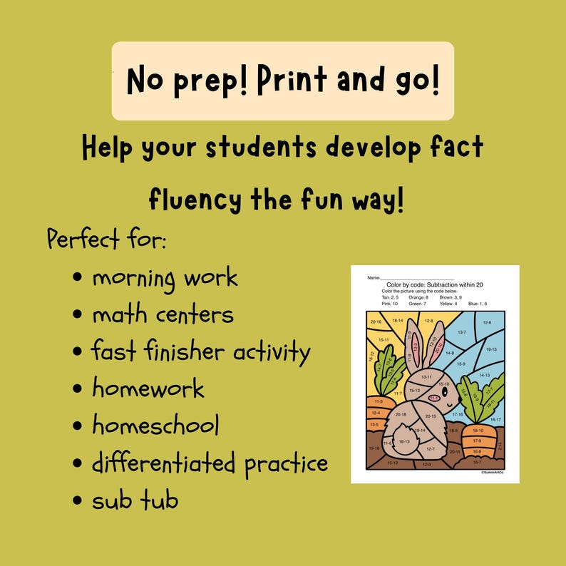 May include: A green background with the text "No prep! Print and go!" and "Help your students develop fact fluency the fun way!" A color-by-code subtraction worksheet with a bunny is shown. The worksheet is perfect for morning work, math centers, and homework.
