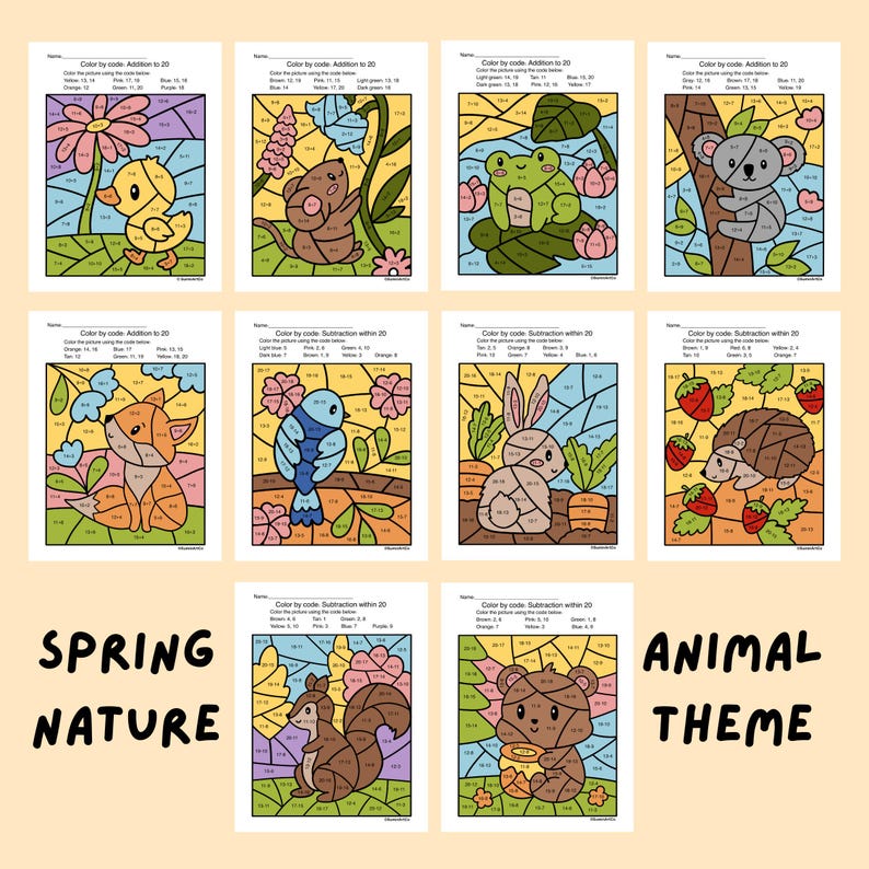May include: A collection of ten color-by-code activity sheets featuring spring and nature themes. Each sheet has a different animal, including a duckling, frog, koala, fox, bird, rabbit, hedgehog, squirrel, and bear. The text "Color by code" is visible on each sheet.