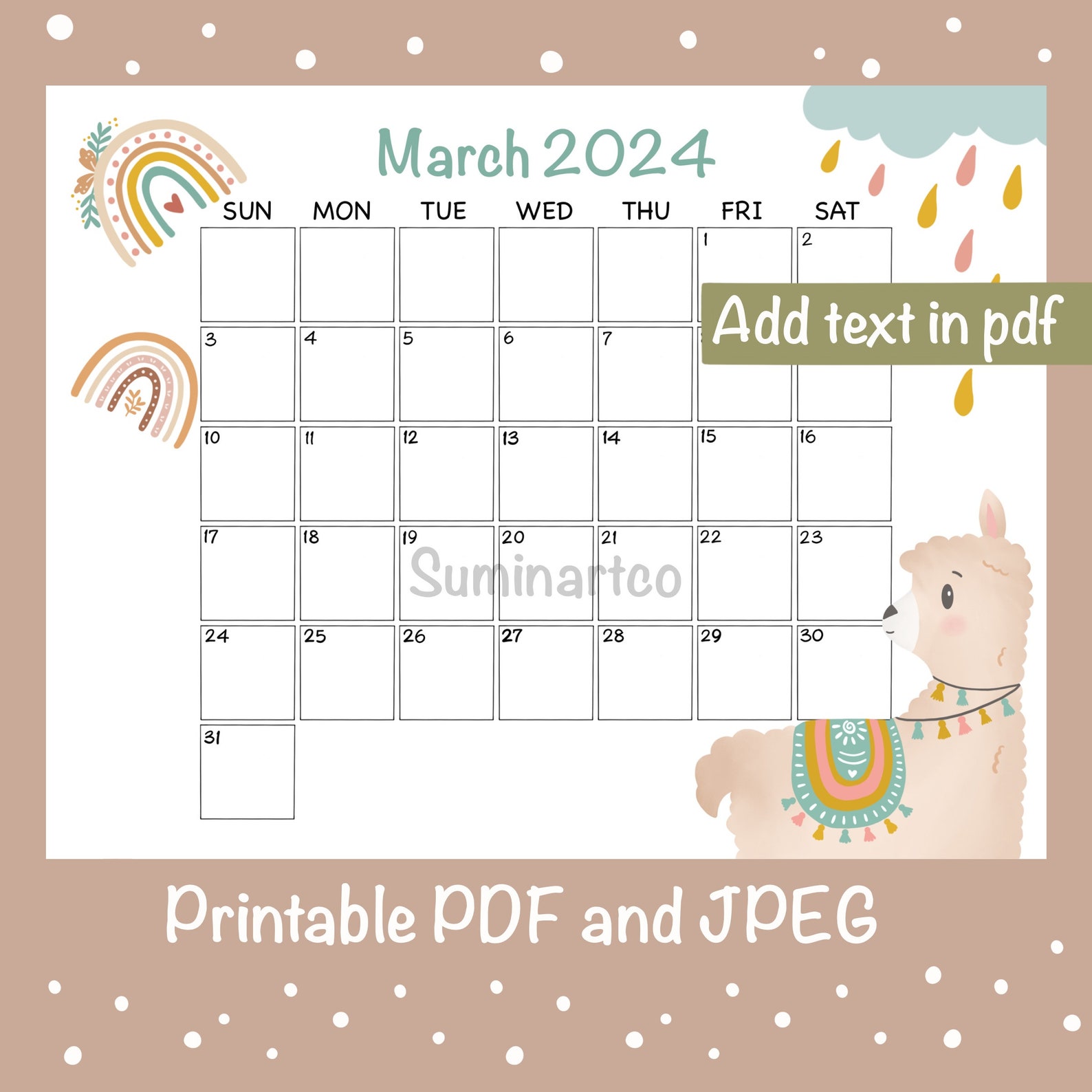 Printable Calendar March 2024, Monthly Cute Animal Rainbow Home School ...