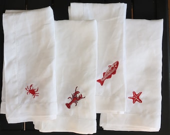 White Hemstitched Linen Napkins embroidered with marine animals, set of 4 linen napkins - lobster, crab, fish and starfish embroidery