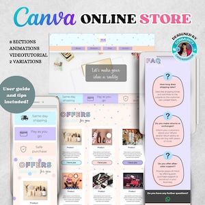 Könnte beinhalten: Ein Mockup einer Online-Shop-Website mit einem rosa-blauen Farbschema. Die Website bietet eine Vielzahl von Produkten, darunter Beauty-Produkte, Make-up und Accessoires. Die Website enthält auch einen FAQ-Bereich mit Fragen zu Versand, Rückgabe und Kundensupport.