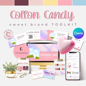 Modelos de Branding Algodão Doce no Canva | Cartões de Agradecimento, Cartões de Visita, Assinatura de E-mail, Banners + Guia