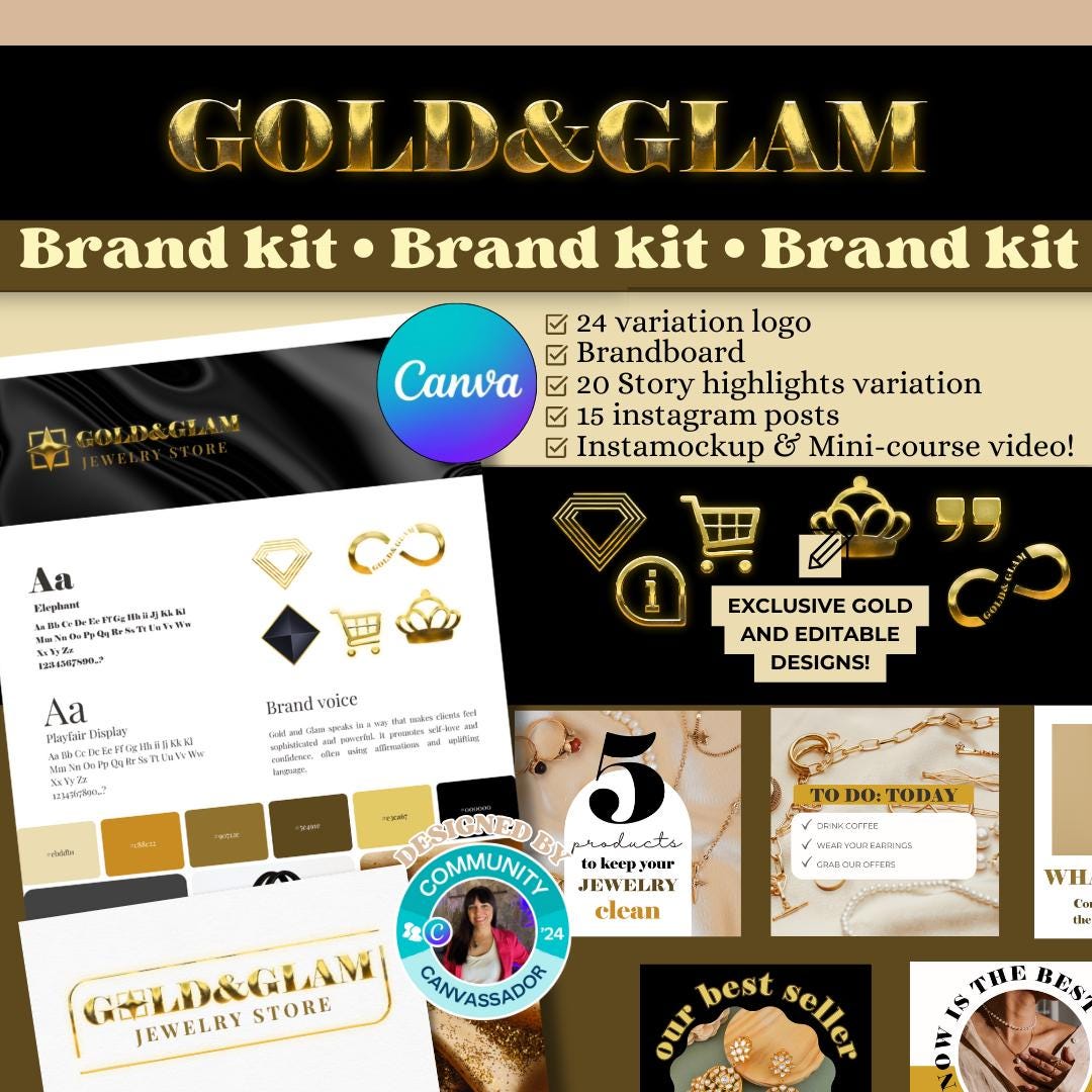 Gold Branding Kit Canva Templates | Elegant Logo, Social Media Pack - Etsy