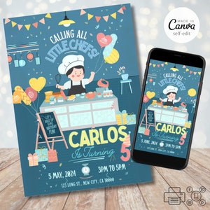 Convite para festa de aniversário de crianças, convite para festa de meninos, modelo Canva editável, chamada de pequenos chefs, vamos nos divertir, download instantâneo