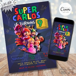 Bearbeitbare Super Mario Bros-Geburtstagseinladung, Digital Mario-Geburtstagsfeier lädt ein, druckbare Jungen-Party-Einladungskarte, sofortiger Download