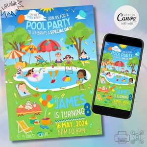 Uitnodiging voor kinderzwembad verjaardagsfeestje, bewerkbare zomerplonsthema-uitnodiging, afdrukbare 7x5in en digitaal mobiel delen, zelf bewerken met Canva