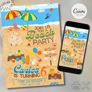 Summer Beach Party verjaardagsuitnodiging, bewerkbare Ocean Party thema uitnodigen, afdrukbare 7x5in en digitaal mobiel delen, elke leeftijd, bewerkbare Canva