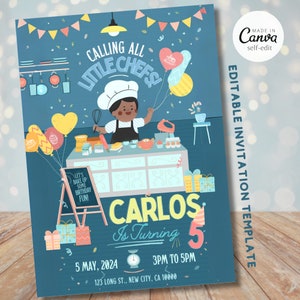 Convite para festa de aniversário de Baking Boys, opção preta, convite para festa infantil marrom, modelo Canva editável, pequenos chefs, download