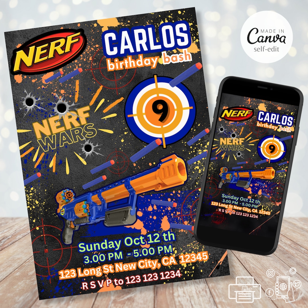 Nerf Party Invitation, Dart Gun Birthday Invite, Nerf Wars Gun