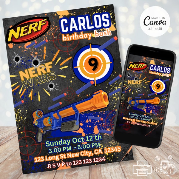 Nerf Party Invitation, Dart Gun Birthday Invite, Nerf Wars Gun Invitation, Nerf Battle Instant Download, Printable and Digital Share