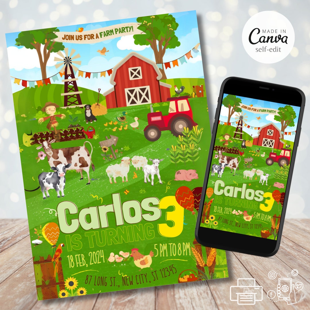 Farm Birthday Party Invitation Template, Barnyard Barn Animals Birthday ...