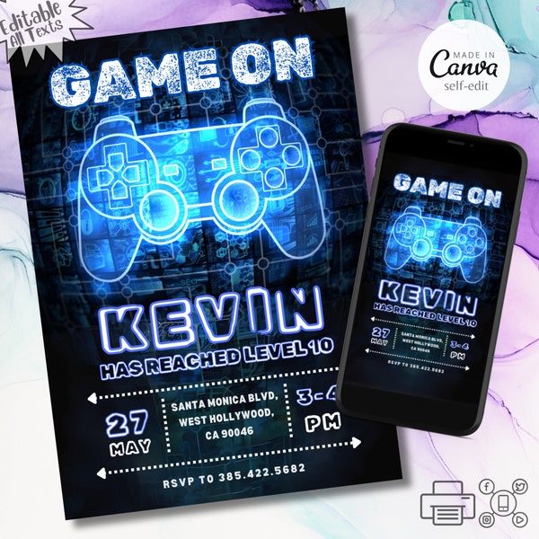 Editable Video Game Party Invitation, Level Up Birthday Invite, Gamer Boy Template, Blue Neon Glow Invite, Arcade Party, 5x7 Canva