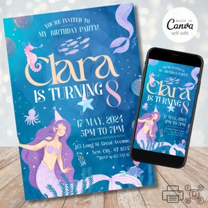 Mermaid Birthday Invitation, Little Mermaid Party Invite, Under the Sea Bday, Editable Canva Template, Printable and Mobile Share