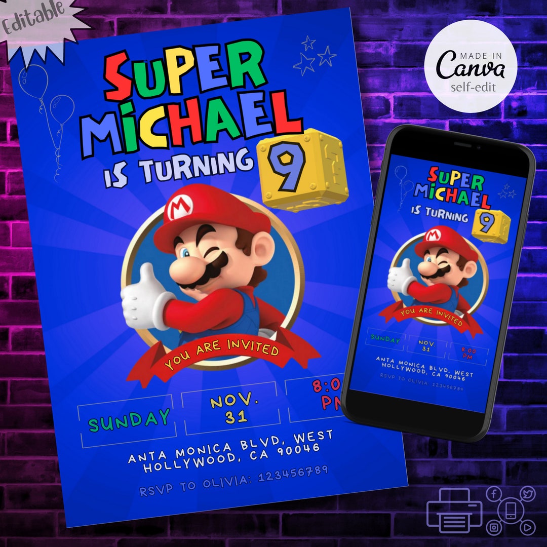 Mario Invitation Editable, Super Mario Invite, Printable Super Mario ...