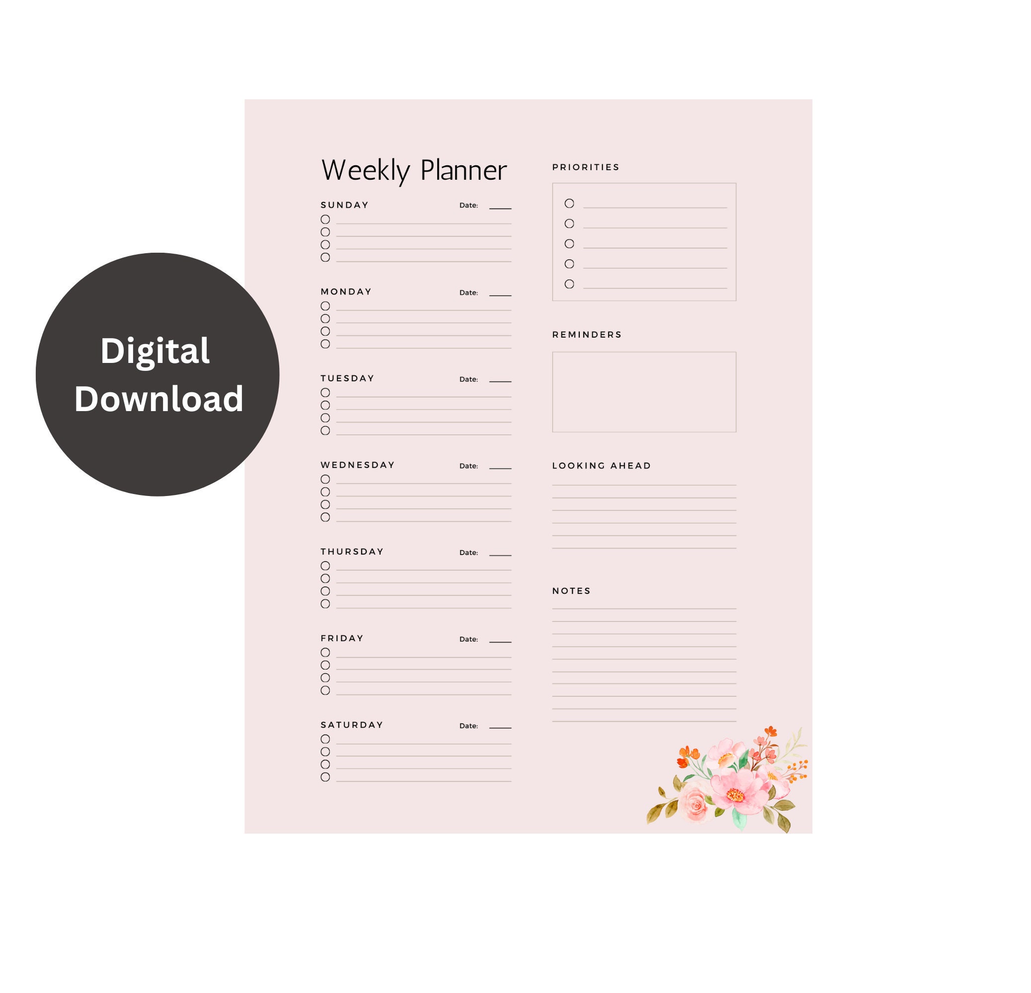 Minimalist Digital Download Printable Floral Weekly Planner - Etsy
