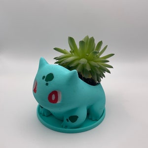 May include: A turquoise ceramic planter shaped like a cartoon character with green succulent plants growing inside. The planter has red eyes and green spots.