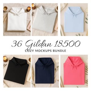 以下が含まれることがあります： 白、ライトグレー、ライトブルー、ブラック、ネイビーブルー、ピンクの6色のGildan 18500の折り畳まれたパーカーのコレクション。パーカーは、キャンドルや装飾要素のあるニュートラルな背景に配置されています。「36 Gildan 18500 Cozy Mockups Bundle」のテキストが表示されています。