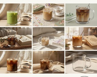 Clear Glass Mug Mockup Bundle 10 oz, Coffee Cup mockups print on demand trendy book lover cottagecore