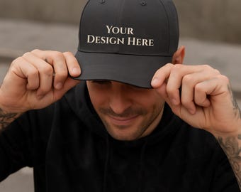 Classic Dad Cap Black Mockup, Black Hat Mockup Yupoong 6245CM Dad Hat Mockup Men Model printful hat mockup