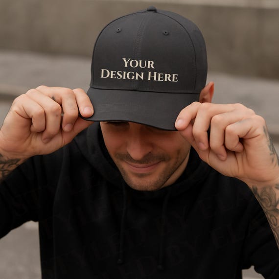 Classic Dad Cap Black Mockup, Black Hat Mockup Yupoong 6245CM Dad Hat Mockup Men Model printful hat mockup