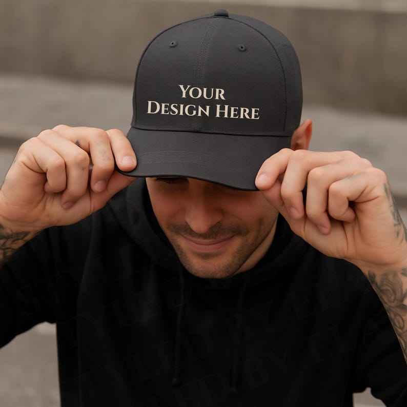 Classic Dad Cap Black Mockup, Black Hat Mockup Yupoong 6245CM Dad Hat Mockup Men Model printful hat mockup