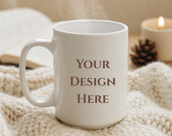 Cozy Christmas White 15 oz Mug Mockup, Fall 15 oz coffe mug mockup, ceramic mug mockups  print on demand printify printful trendy mug mockup