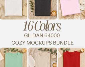 Cosy 16 Gildan 64000 mockup-bundel, G64000 gevouwen mock-upbundel Bookish Book Lover-mockup gezellig platliggend gevouwen shirt-mockup