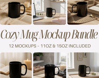 Black Ceramic Mug Mockup Bundle, 11oz & 15oz (PNG Digital Download)