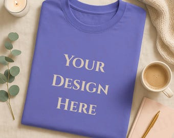 Comfort Colors 1717 Periwinkle Mockup, Periwinkle Shirt Folded Mockup, Cozy Book lover Periwinkle tshirt mockup print on demand aesthetic