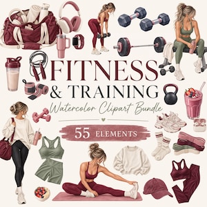 以下が含まれることがあります： FITNESS & TRAININGというタイトルの水彩画クリップアートバンドル。ジムバッグ、ヘッドフォン、ダンベル、バーベル、ケトルベル、ヨガマット、スニーカー、レジスタンスバンド、スポーツウェア、運動する人物のイラストなど、55種類の要素が含まれています。