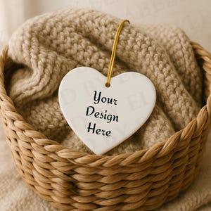 May include: A white heart-shaped ornament with the text "Your Design Here" hangs in a woven basket. The ornament is suspended by a gold string and rests against a beige knitted blanket. The basket is made of woven brown material.
