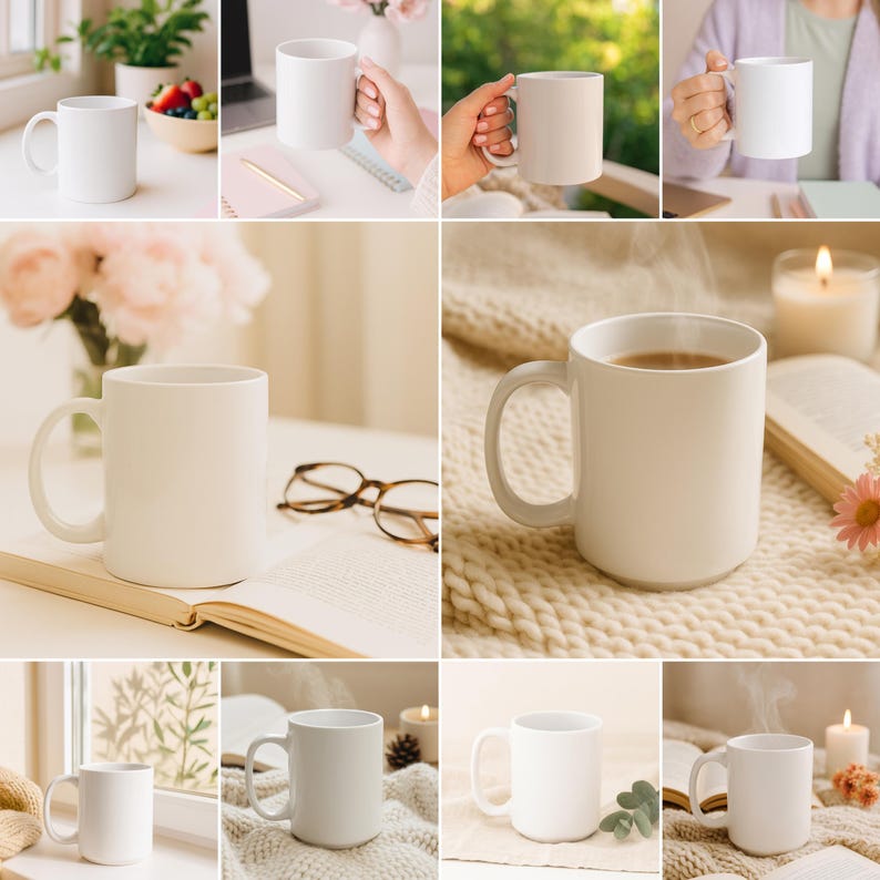 Cozy Mug Mockup Bundle 11 oz and 15 oz, Coffee Mug Mockup bundle, White Ceramic 11oz 15oz mockups print on demand Lifestyle Home Office