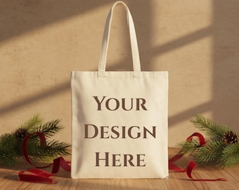 Christmas Canvas Tote bag Mockup Natural, Book Lover Tote Bag Lifestyle Shopping Bag Mock-Up Cottton Beige Tote Bag Liberty Bags OAD113