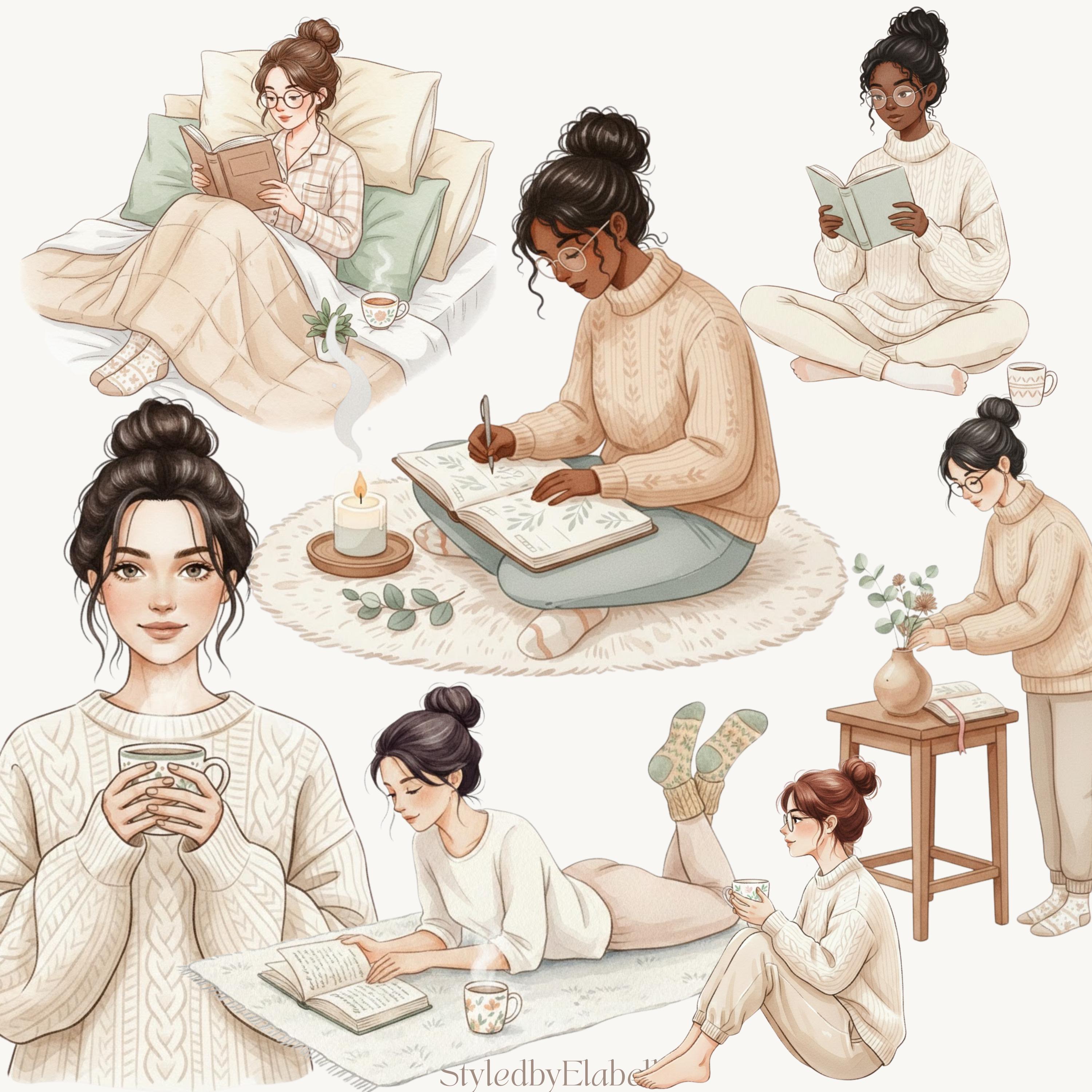 Cozy Bookish Clipart Bundle 80 PNG Watercolor Reading Girl & Book Lover ...