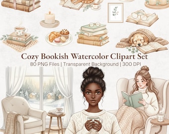 Gemütliches Bookish Clipart Bundle 80 PNG Aquarell Lese Mädchen & Buchliebhaber Set