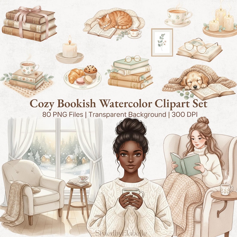Cozy Bookish Clipart Bundle 80 PNG Watercolor Reading Girl & Book Lover ...